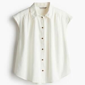 H&M Linen-Blend Shirt Woman's Size Medium Ivory Cap Sleeve Button Down